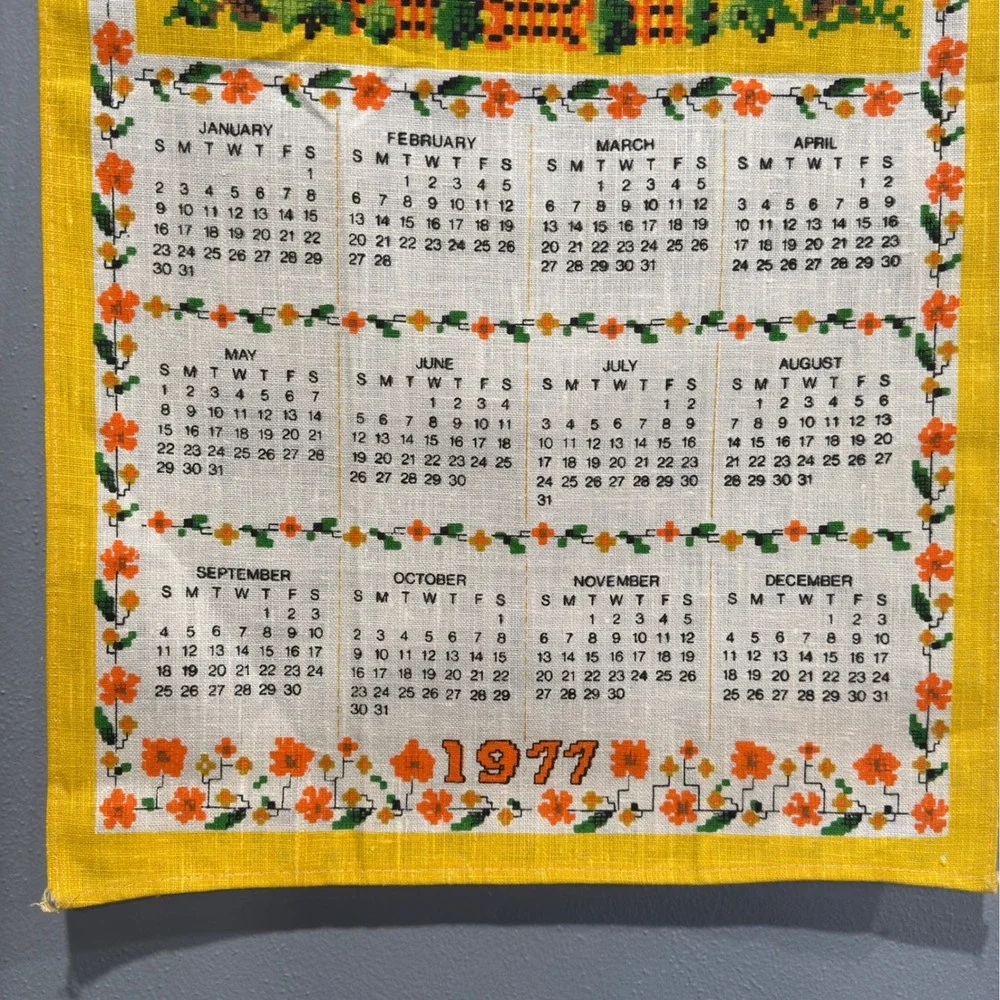 Vintage 1977 Linen Wall Calendar Bless This House Retro Kitsch Yellow 16.5x27.5